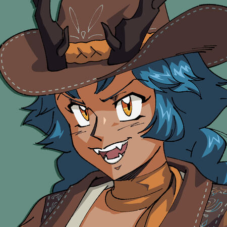 Icon of streamer Spoofy. They are yellow eyed tan cowboy with teal pigtail hair and horns.