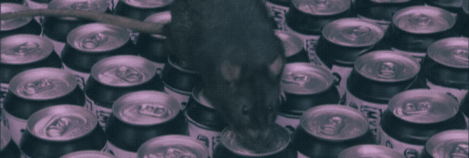 Banner that is an image of a rat on cans of soda.