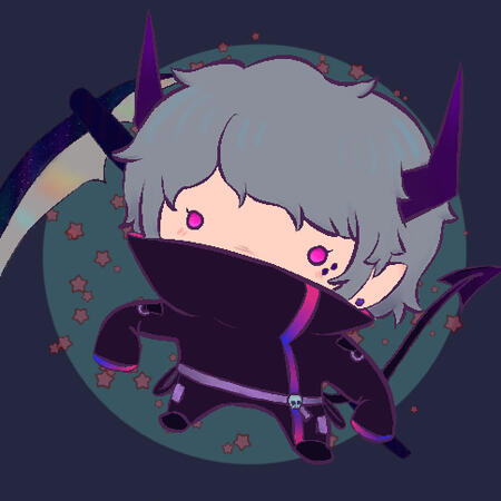 Icon of Kai who is pale person with short grey hair and purple horns.